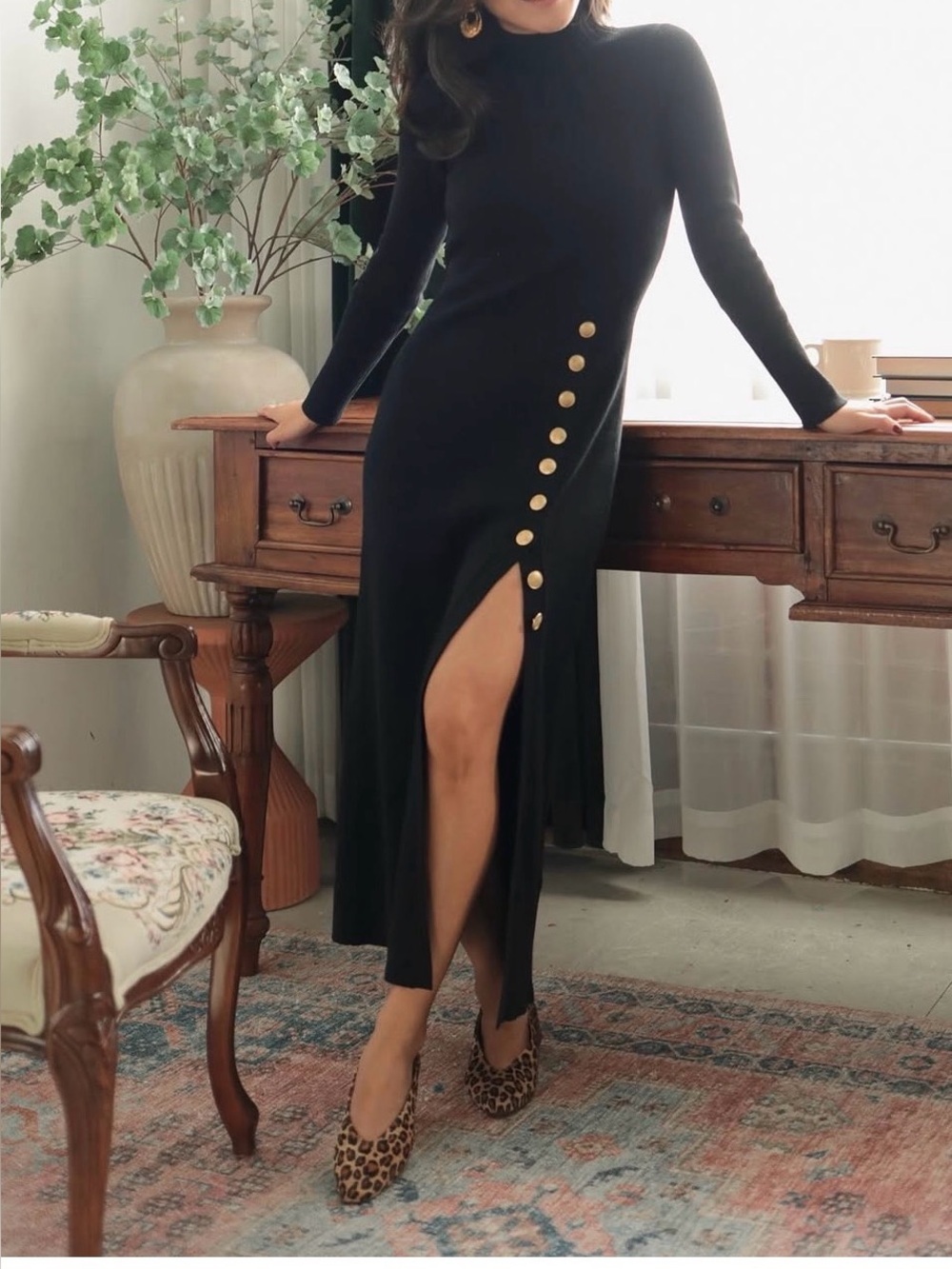 RW&CO Black Long Sleeve Turtleneck Maxi Dress with Gold Buttons
